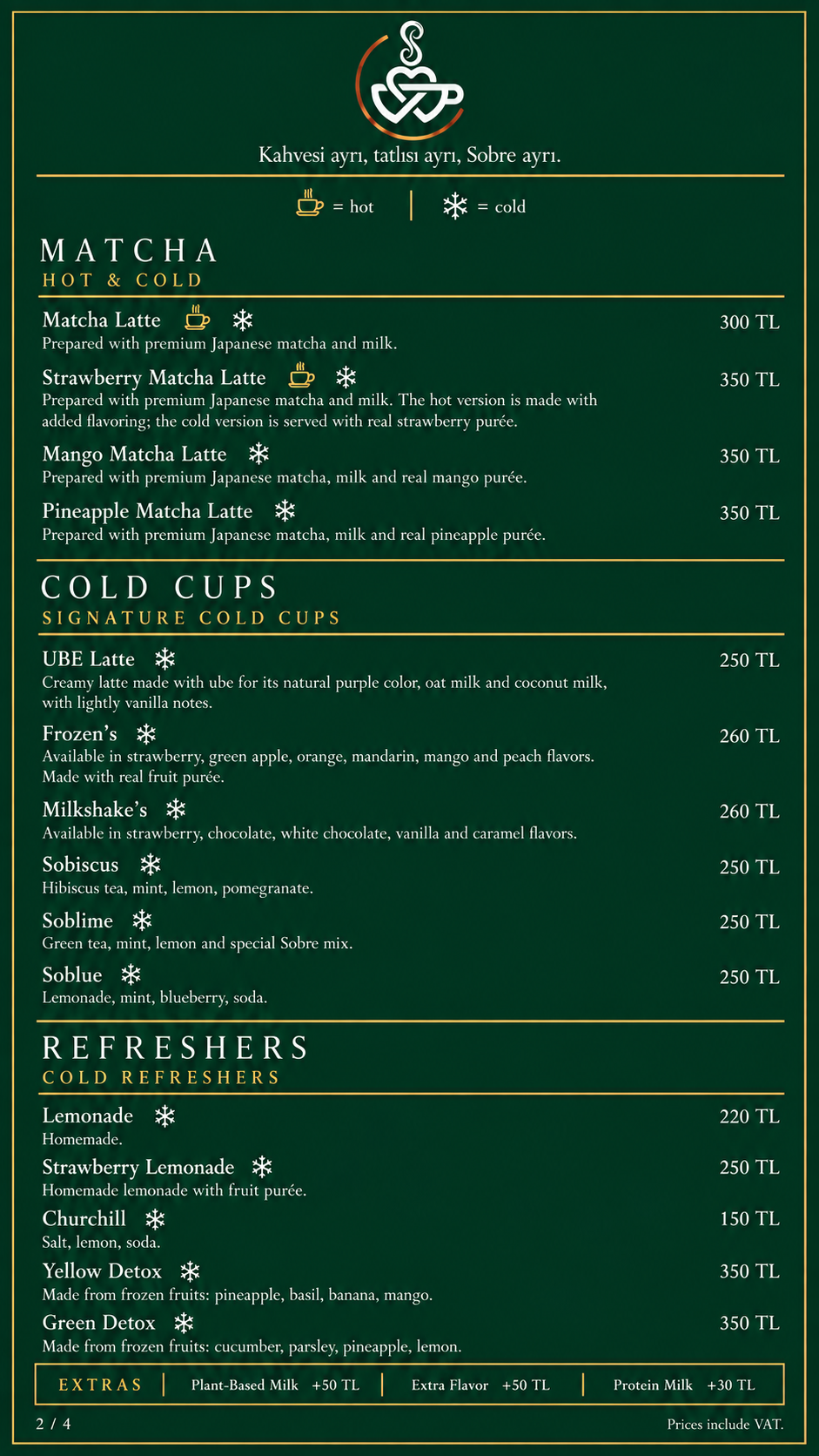Sobre English menu page 2: products and prices