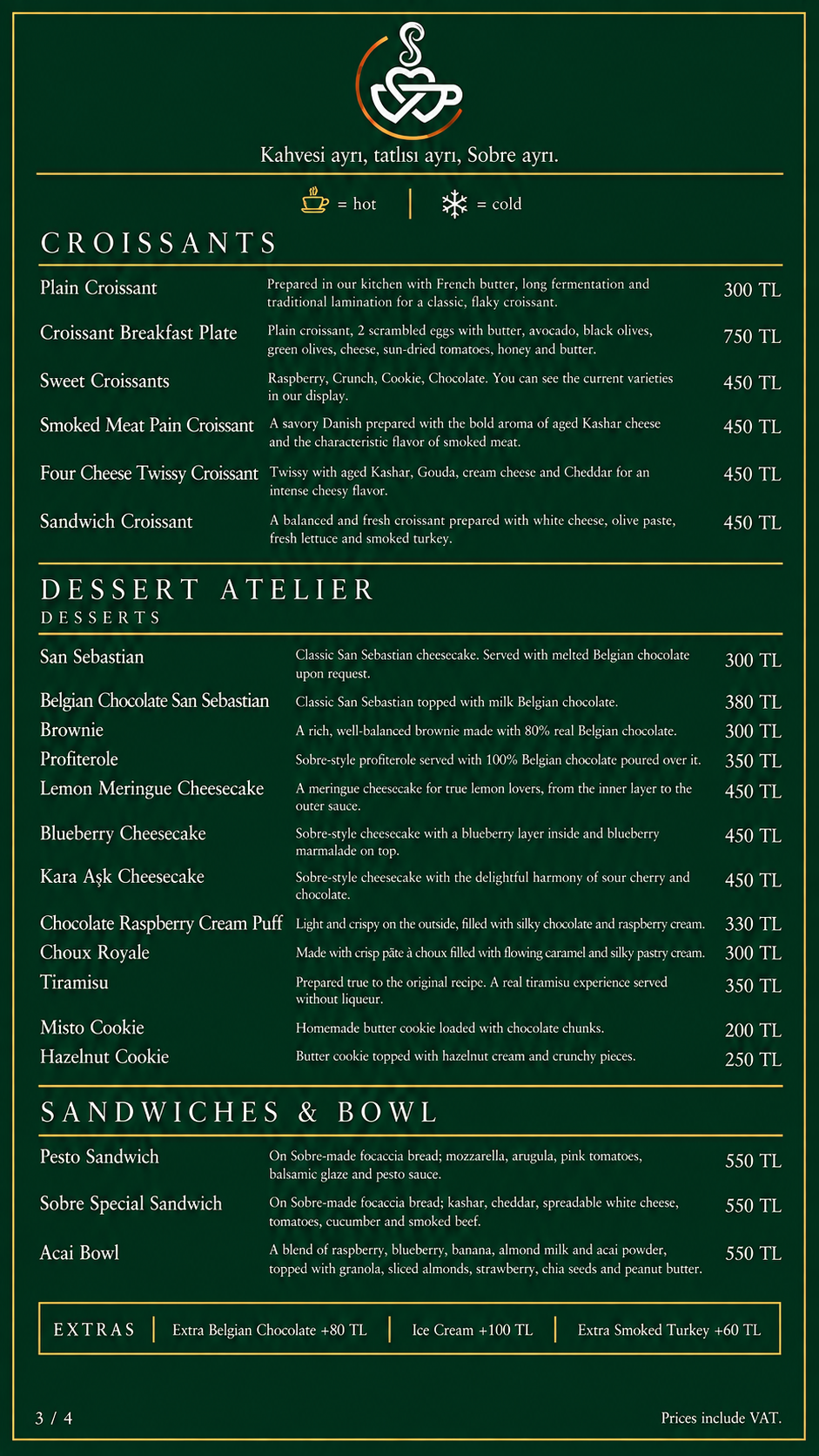 Sobre English menu page 3: products and prices