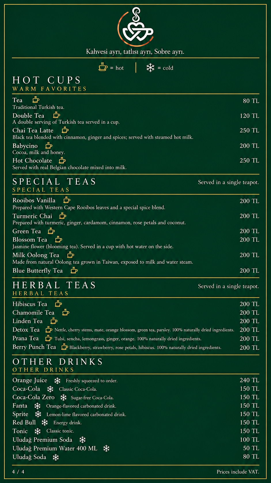 Sobre English menu page 4: products and prices