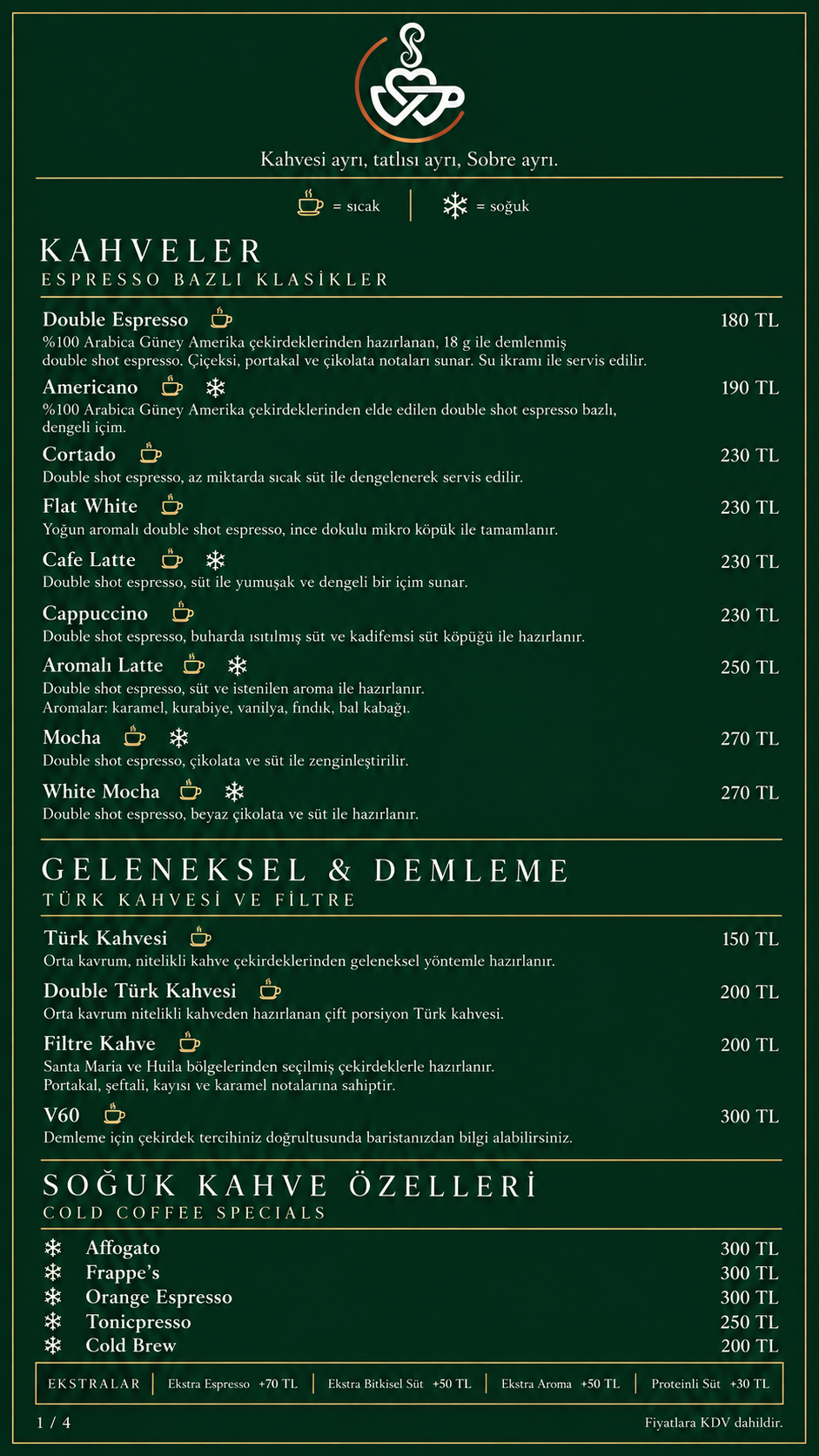 Sobre Türkçe menü 1. sayfa: ürünler ve fiyatlar