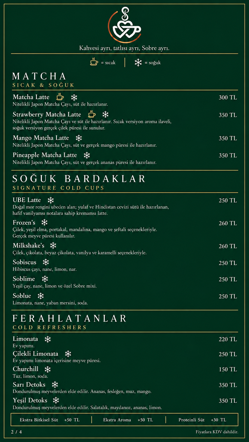 Sobre Türkçe menü 2. sayfa: ürünler ve fiyatlar