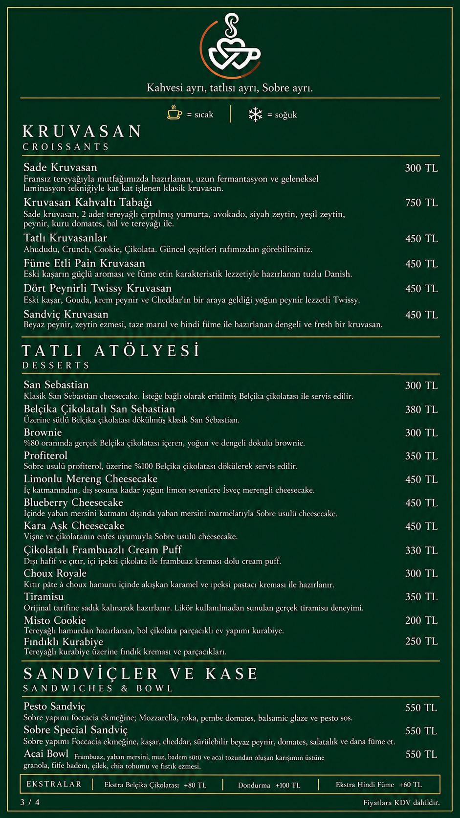 Sobre Türkçe menü 3. sayfa: ürünler ve fiyatlar